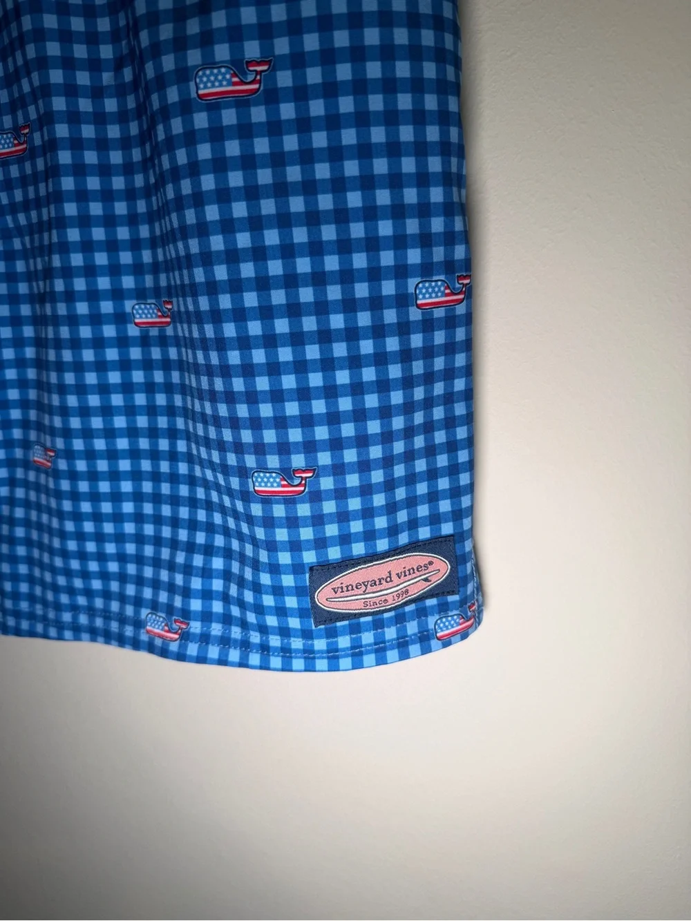 Vineyard Vines Kids Blue Gingham USA Flag Whale Swim Trunks Size L